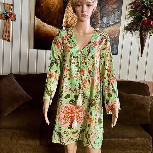 Caribbean Joe ~ Large ~ Green W/ Gold & Red Floral Tunic Swim Coverup Dress - Picture 3 of 15
